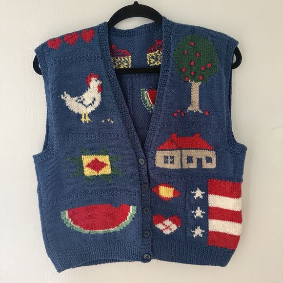American Vintage Jackets & Blazers - Hand Knit Women’s Vest Cows Chickens Flags American Themed Vintage Vest